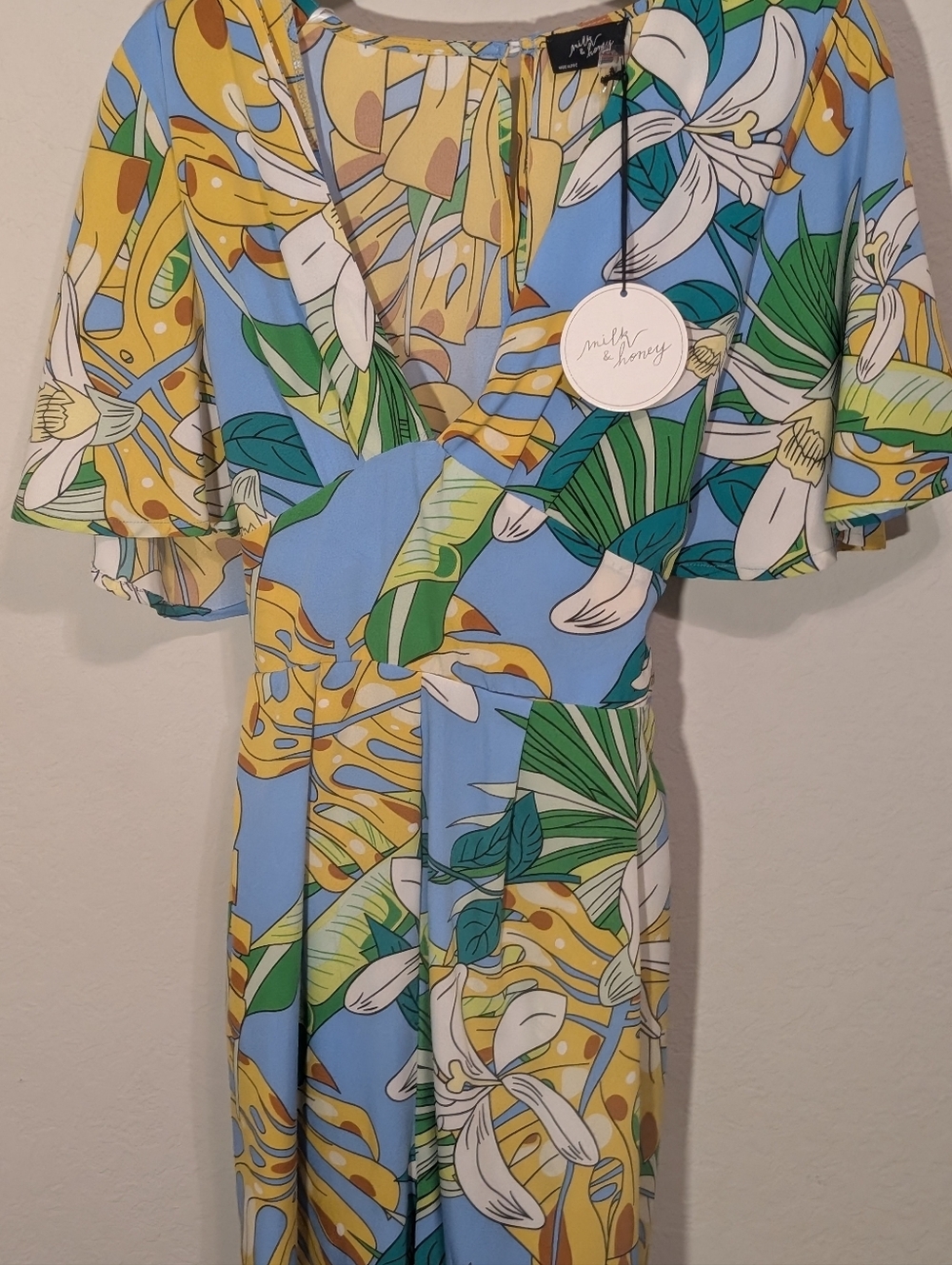 Tropical Print Blue & Yellow V-Neck Women's Romper - Picture 4 of 5